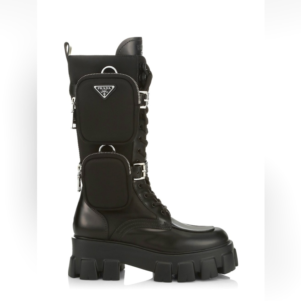Prada Monolith Black Leather Combat Boots, size 39 EU
